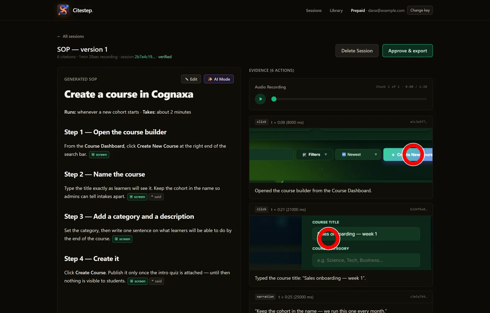 Citestep review console: a sample SOP for creating a course in Cognaxa on the left, each step ending in a green citation chip, and the evidence panel on the right showing the narration and the ringed screenshot each step was drawn from.