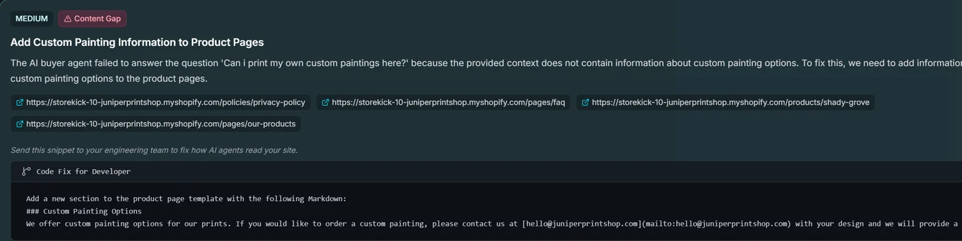 A MEDIUM priority content gap — add custom painting information to product pages — listing the pages it was found on and a paste-in Markdown section.